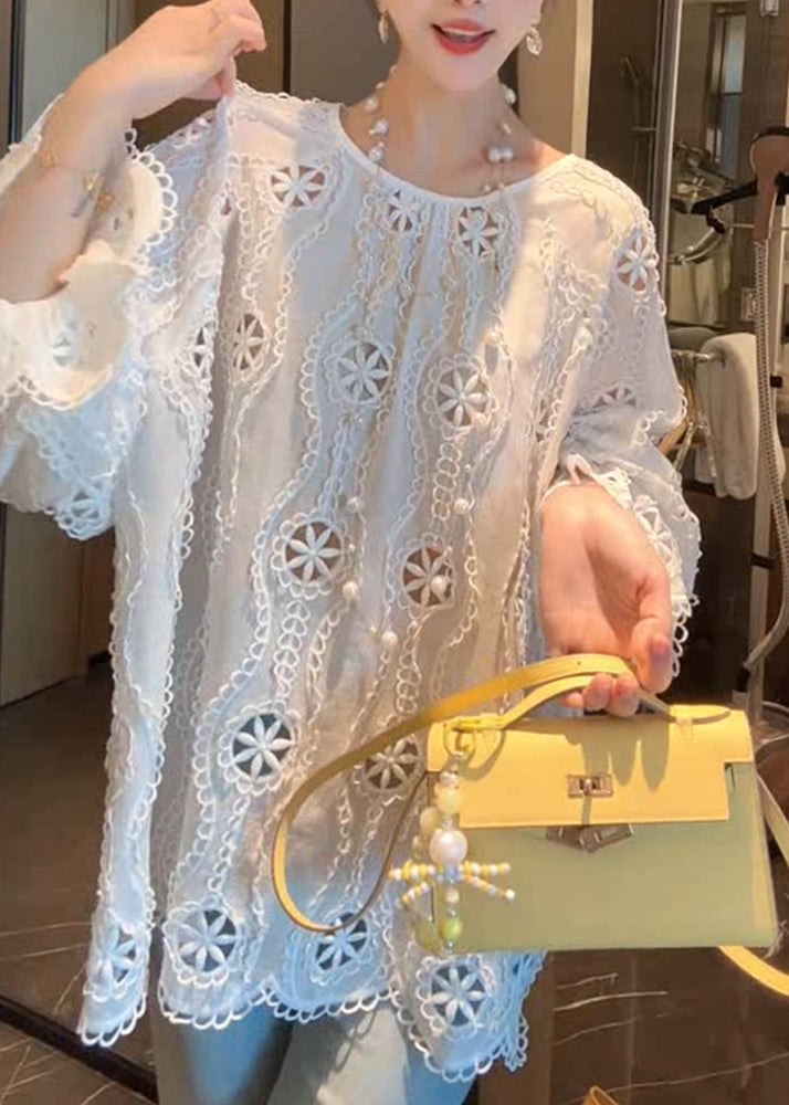 French Hollow White Out Sleeve Cotton Flare Shirt O Neck