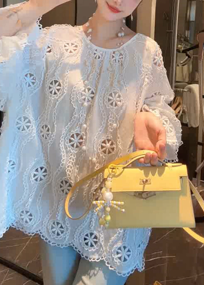 French Hollow White Out Sleeve Cotton Flare Shirt O Neck