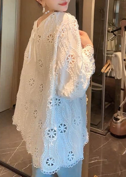 French Hollow White Out Sleeve Cotton Flare Shirt O Neck