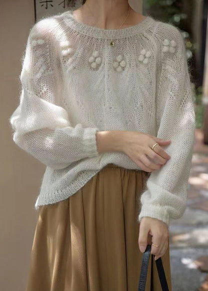 French White O Neck Hollow Out Patchwork Knit Sweaters Long Sleeve TU025