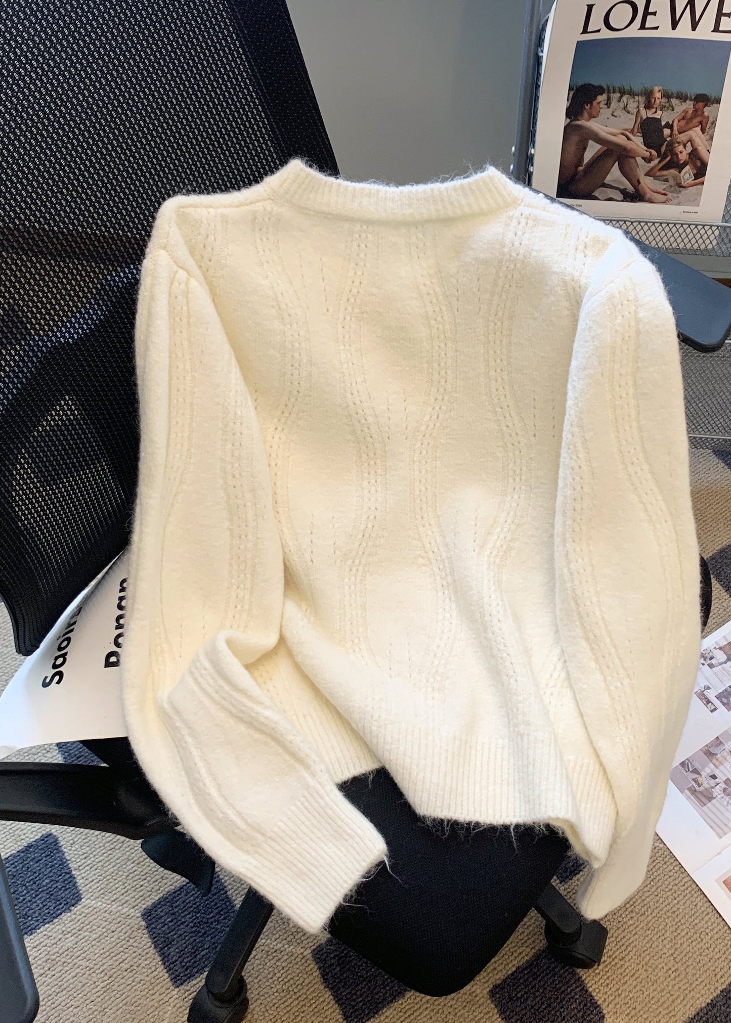 French White O Neck Nail Bead Woolen Sweaters Coat Fall QL054