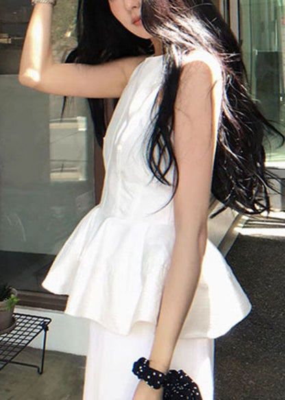 Neck O Sleeveless French White Ruffled Top Cotton
