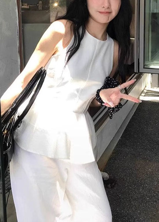 Neck O Sleeveless French White Ruffled Top Cotton