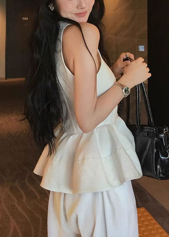 Neck O Sleeveless French White Ruffled Top Cotton