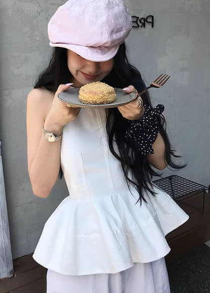 Neck O Sleeveless French White Ruffled Top Cotton