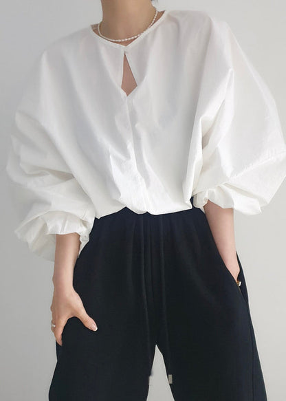 White French Tops Lantern Cotton Shirt Oversized Sleeve