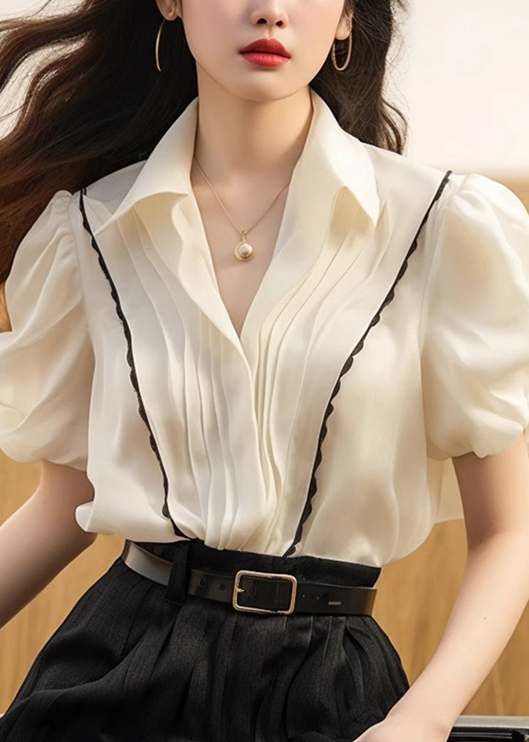 White Peter Patchwork Tops Pan Silk French Wrinkled Summer Collar