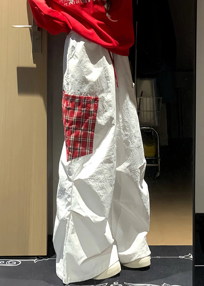 Patchwork Pockets Fall French White Cotton Plaid Pants
