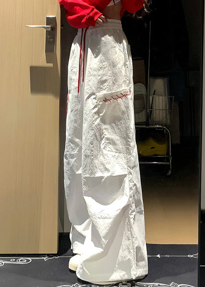 Patchwork Pockets Fall French White Cotton Plaid Pants