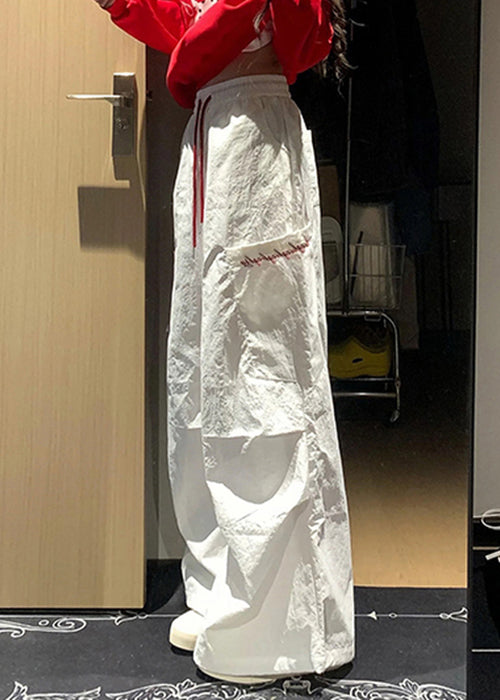 Patchwork Pockets Fall French White Cotton Plaid Pants