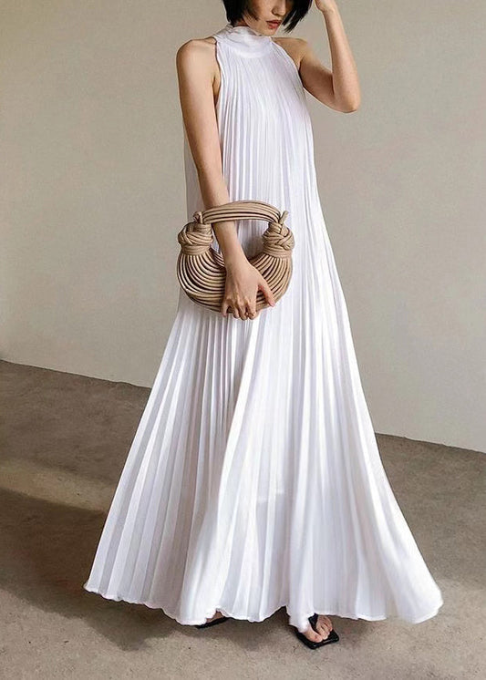 French White Pleated Hanging Neck Off Shoulder Long Dress Summer EE1030