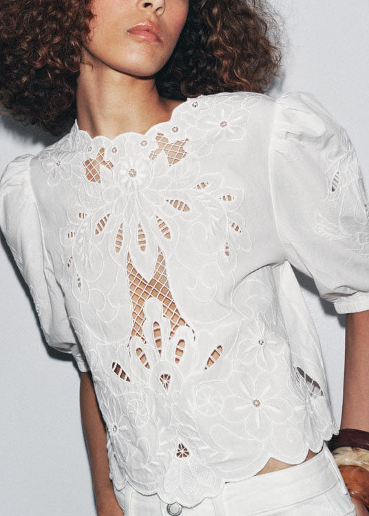 Puff French Top Out White Cotton Embroidered Sleeve Hollow