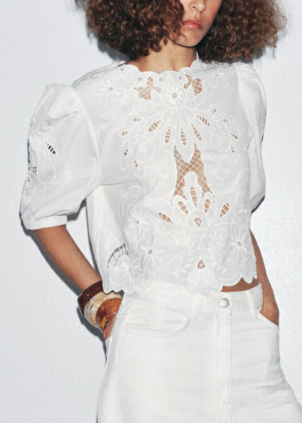 Puff French Top Out White Cotton Embroidered Sleeve Hollow