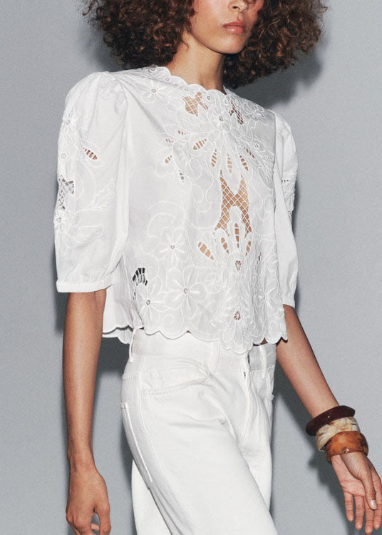 Puff French Top Out White Cotton Embroidered Sleeve Hollow
