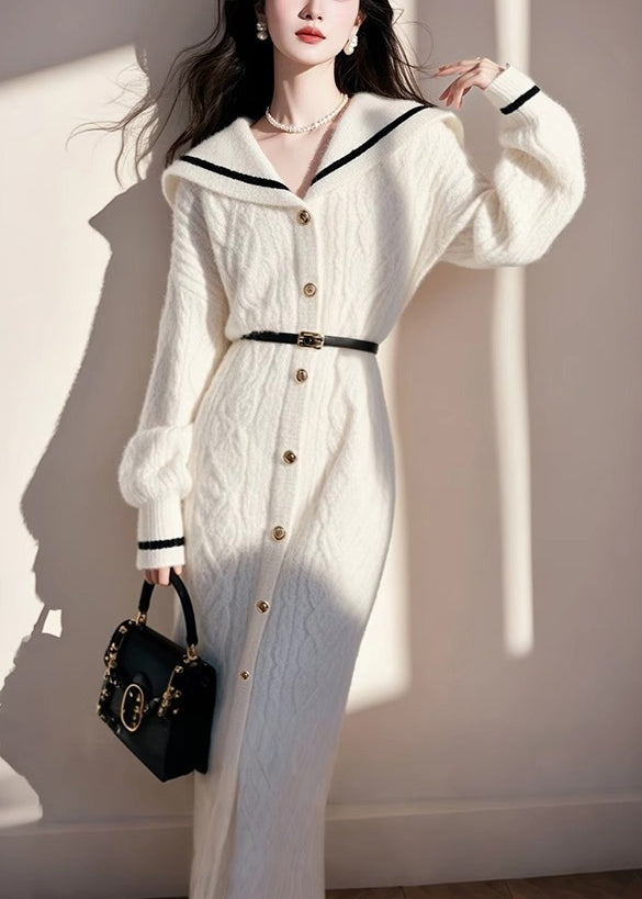 Knit French White Fall Collar Sailor Sweater Button Dress