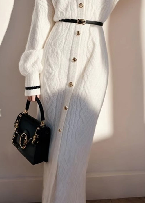 Knit French White Fall Collar Sailor Sweater Button Dress