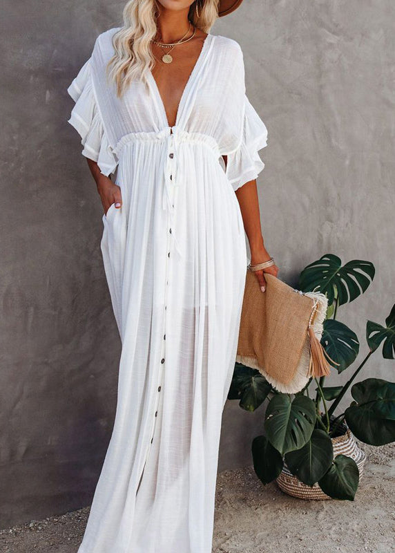 Dress Neck White Button V French Maxi Short Sleeve