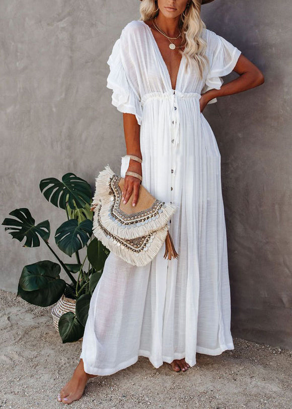 Dress Neck White Button V French Maxi Short Sleeve