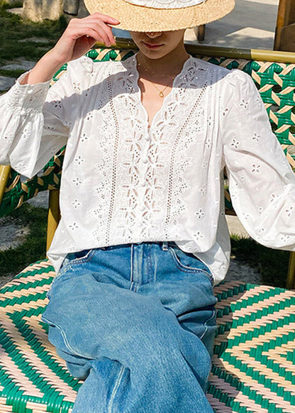 V Hollow White Out Embroidered French Shirt Neck Cotton Spring