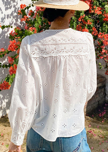 V Hollow White Out Embroidered French Shirt Neck Cotton Spring