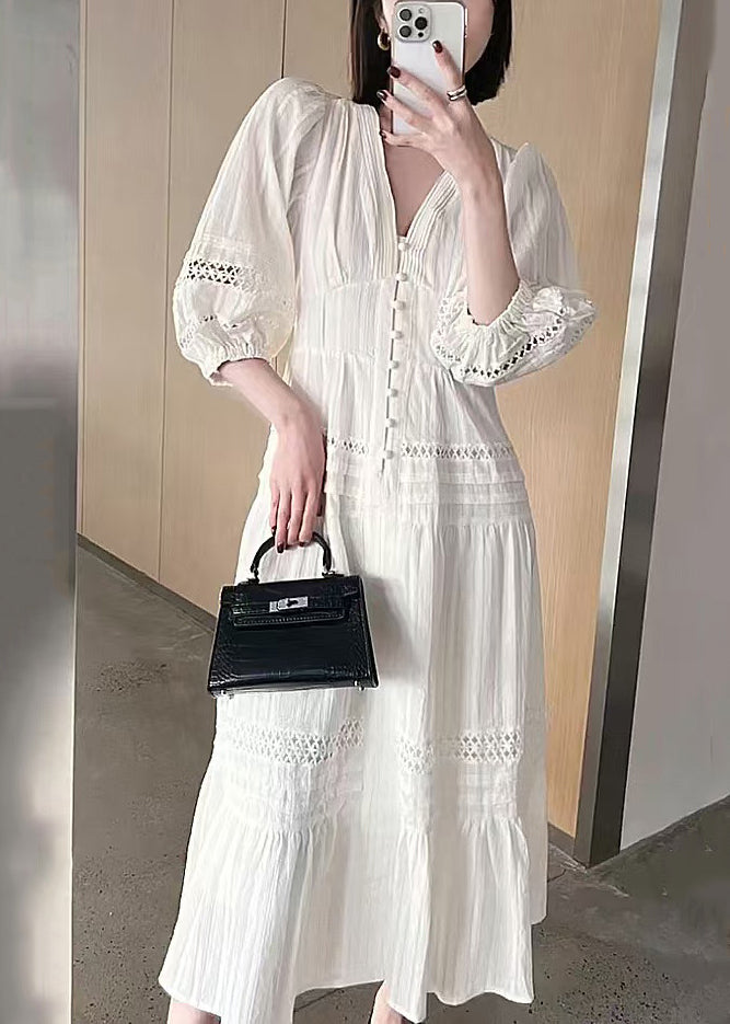 Hollow Sleeve French Cotton Dress V Out Bracelet Neck White