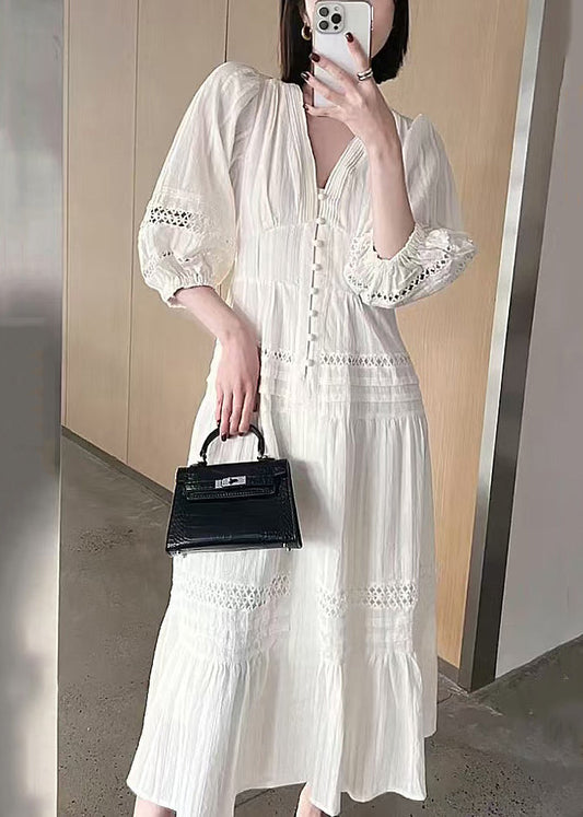 Hollow Sleeve French Cotton Dress V Out Bracelet Neck White