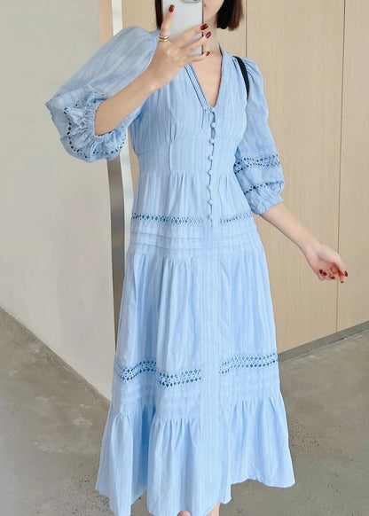 Hollow Sleeve French Cotton Dress V Out Bracelet Neck White