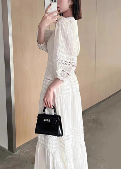 Hollow Sleeve French Cotton Dress V Out Bracelet Neck White