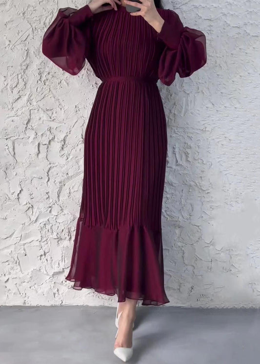 Französisches weinrotes faltiges Chiffonkleid mit hoher Taille für den Herbst QL008