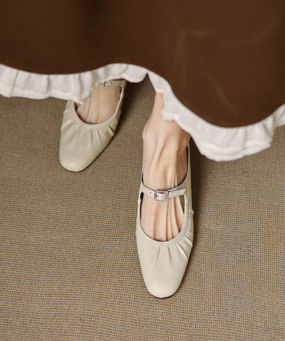 French Splicing Heel Beige Chunky Wrinkled Sheepskin