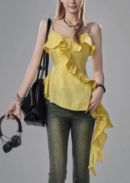 French Yellow Asymmetrical Ruffled Cotton Spaghetti Strap Tank Sleeveless KK073