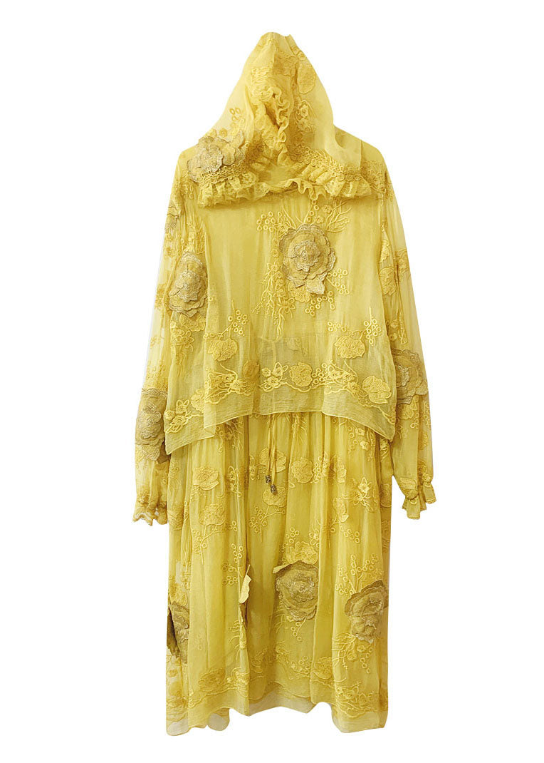 Robe à capuche en soie patchwork brodée jaune française été YY015