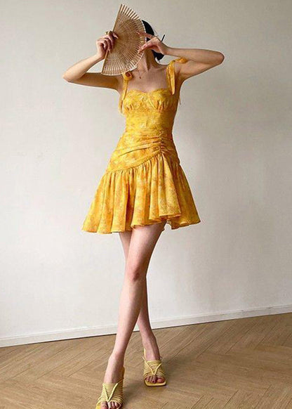 French Yellow Embroidered Slim Fit Strap Dresses Summer EE1001