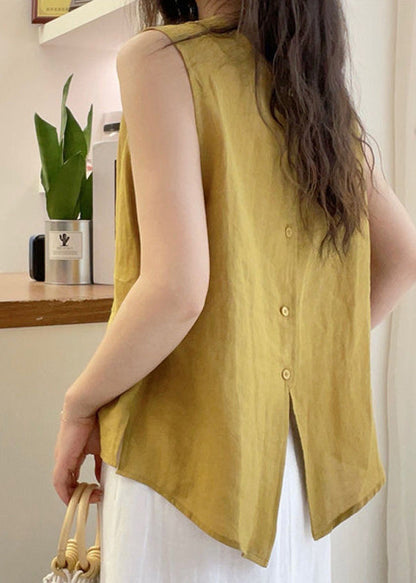 Yellow Blouse French Cotton O Button Sleeveless Neck Tops