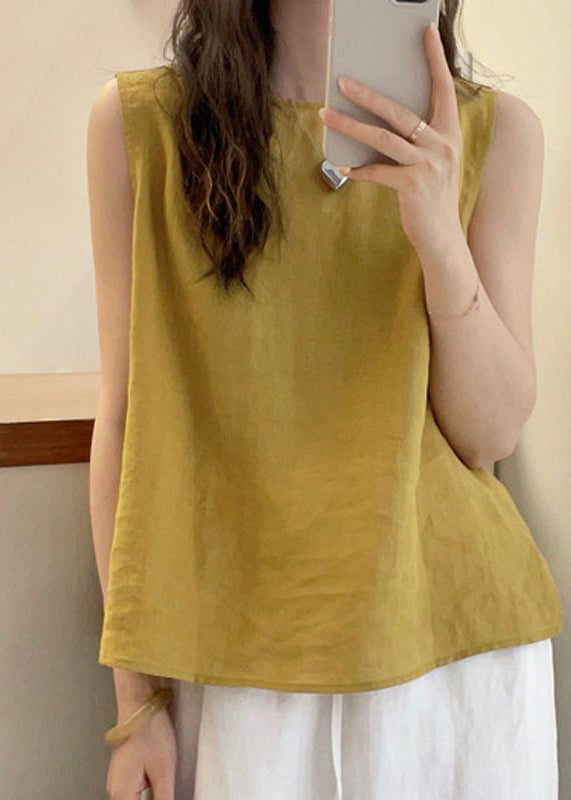 Yellow Blouse French Cotton O Button Sleeveless Neck Tops
