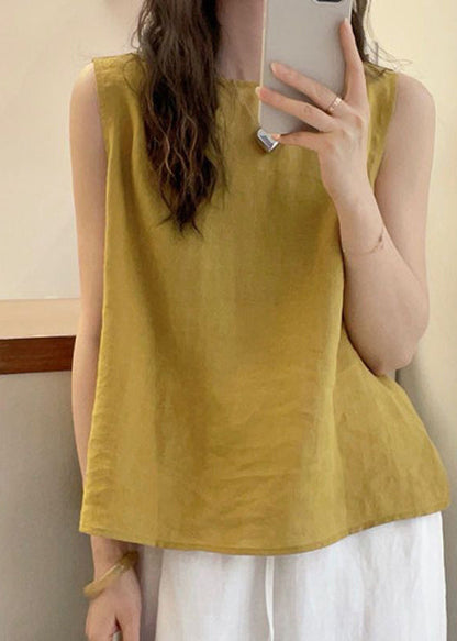 Yellow Blouse French Cotton O Button Sleeveless Neck Tops
