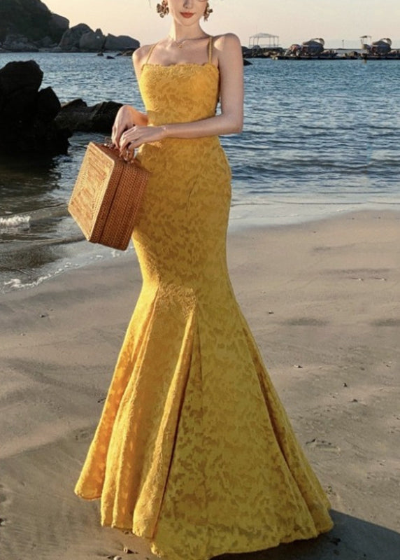 Dress Print French Yellow Maxi Spaghetti Strap Fishtail