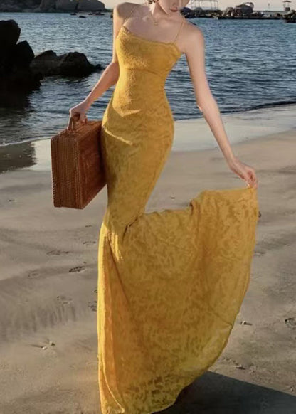 Dress Print French Yellow Maxi Spaghetti Strap Fishtail