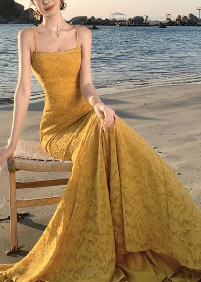 Dress Print French Yellow Maxi Spaghetti Strap Fishtail