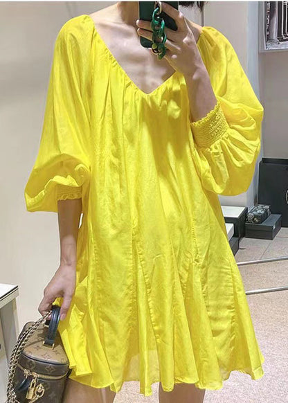 French Yellow V Neck Sexy Cotton Mid Dress Fall RU017