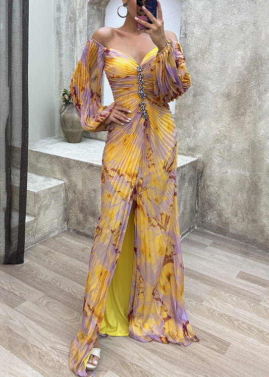 French Yellow Wrinkled Zircon Cotton Maxi Dresses Spring WW1054