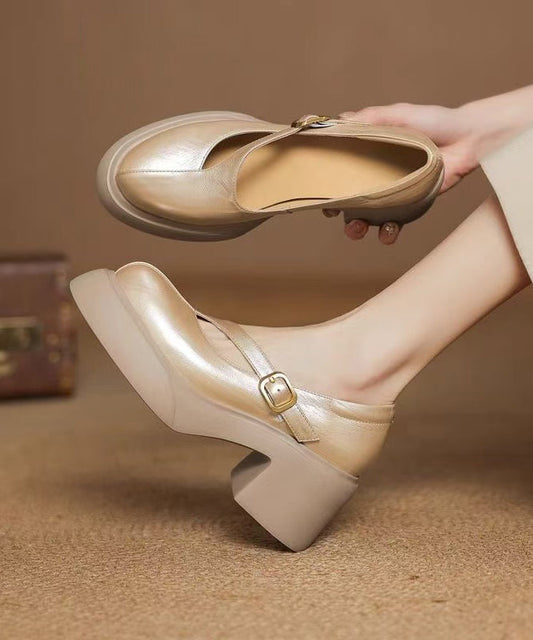 Leather Chunky Cowhide Buckle Gold Splicing Classy Heel Strap