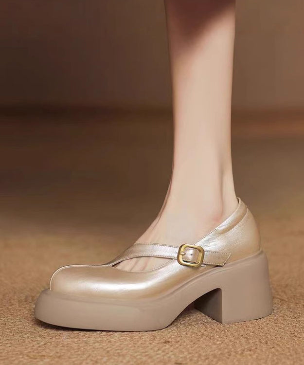 Leather Chunky Cowhide Buckle Gold Splicing Classy Heel Strap