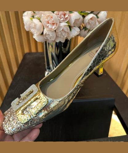 High Splicing Chic Gold Toe Heels Square Zircon Chunky