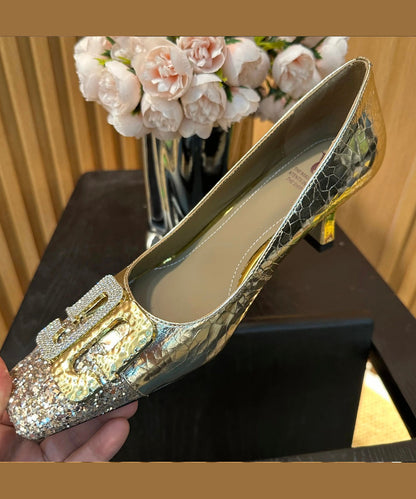 Chic Chunky Zircon Splicing Toe Heels Square High Gold