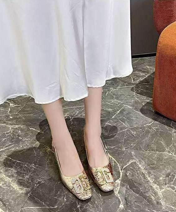 High Splicing Chic Gold Toe Heels Square Zircon Chunky