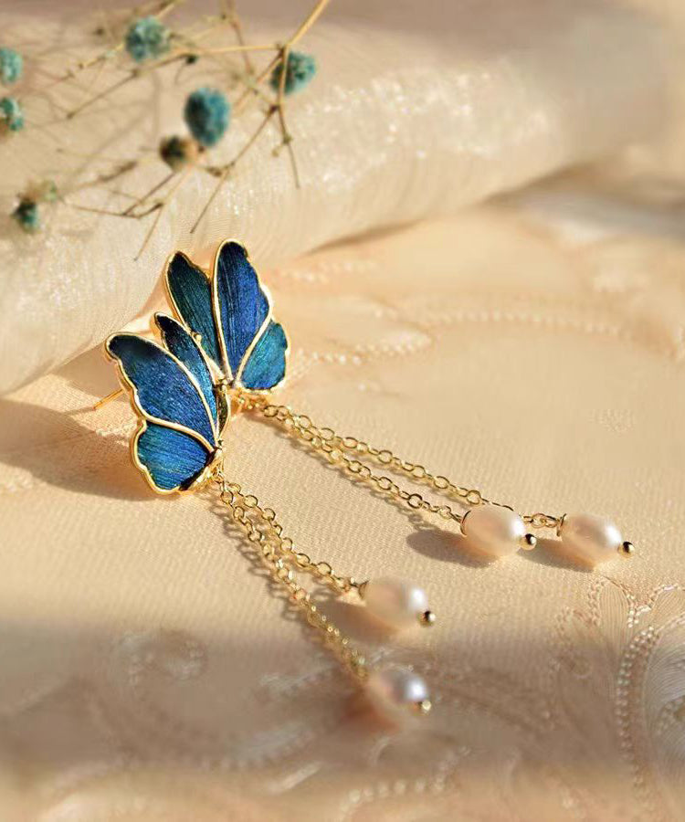 Drop Pearl Butterfly Color Overgild Blue Tassel Gradient Copper