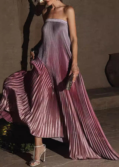 Long Color Sleeveless Bustier Dress Gradient Purple Top Wrinkled