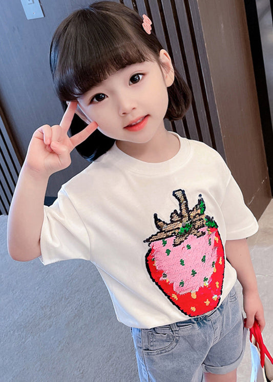 Gradient Color White O-Neck Strawberry Print Girls T Shirts Short Sleeve YU1069