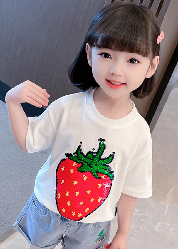 Gradient Color White O-Neck Strawberry Print Girls T Shirts Short Sleeve YU1069